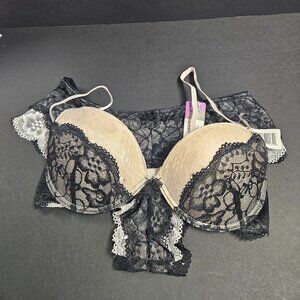 Hers by Herman Bra/Panties set, pink with black lace, 36B bra, L Panties